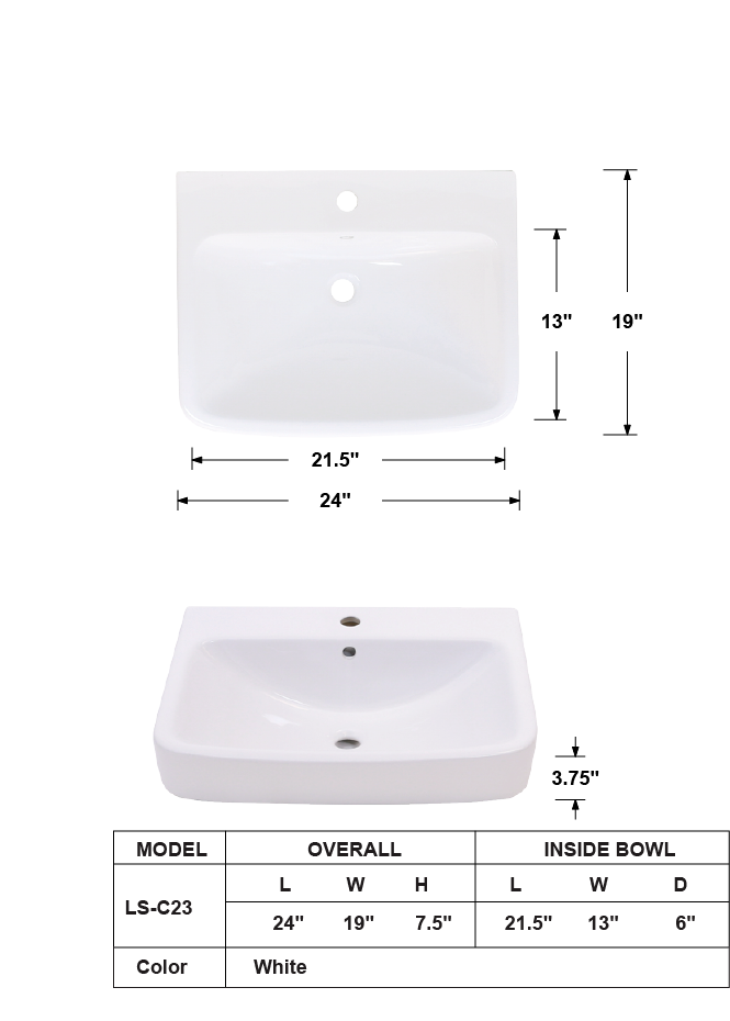 LS-C23 Above Counter Ceramic Sink White
